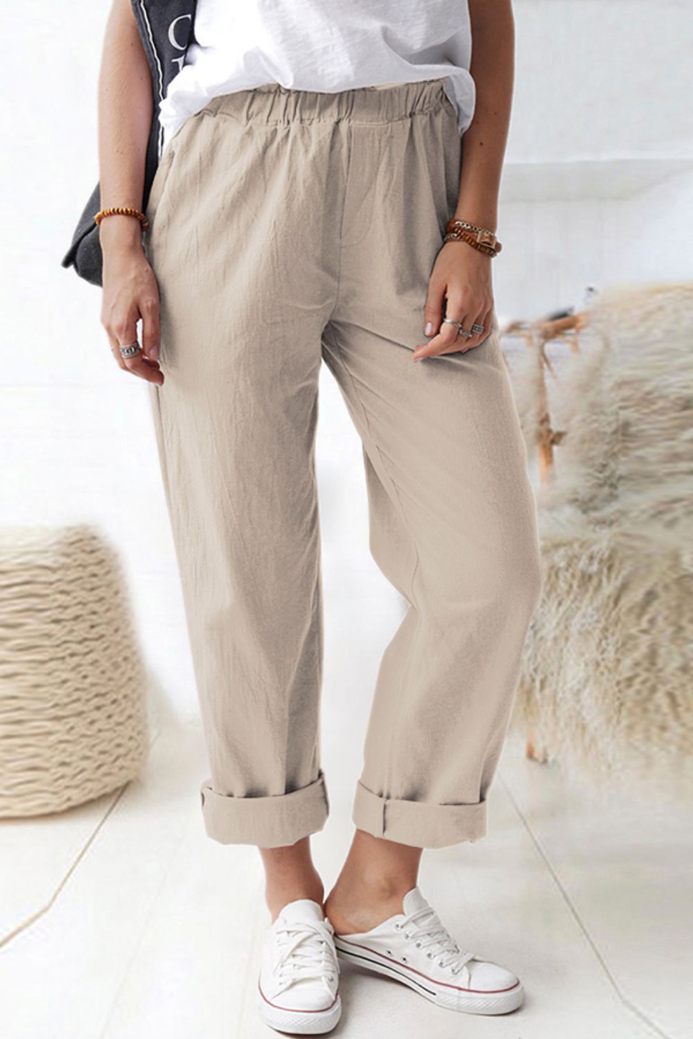 Paperbag Waist Pull-On Pants with Pockets