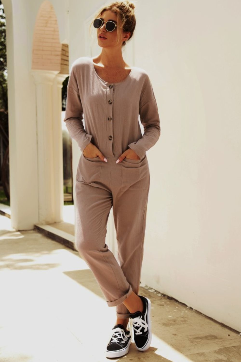 Buttoned Drop Shoulder Pocket Jumpsuit